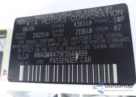 2015 Kia Optima Lx z USA, uszkodzony, nr VIN KNAGM4A75F5544699